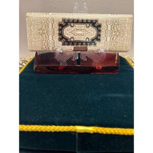 Vintage Tortoise Shell Comb Set With Decorative Case Mirror gold embossed